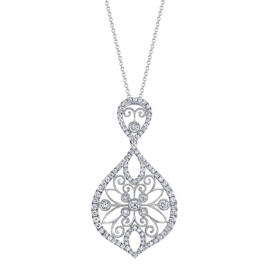 (14K White) Pear Shaped Modern Vintage Diamond Pendant