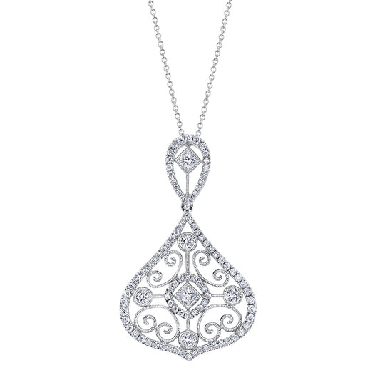 (14K White) Pear Shaped Modern Vintage Diamond Pendant