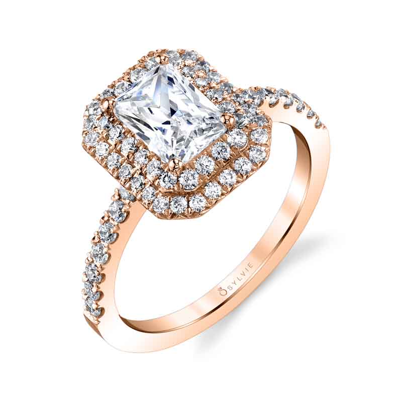 (14K Rose) Claudia - Emerald Cut Double Halo Engagement Ring