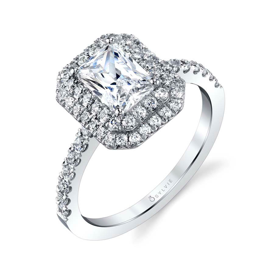 (Platinum White) Claudia - Emerald Cut Double Halo Engagement Ring