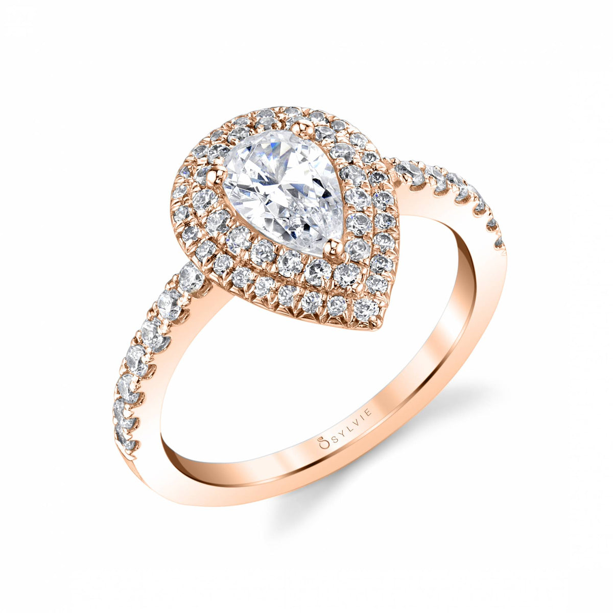(18K Rose) Claudia - Pear Cut Double Halo Engagement Ring