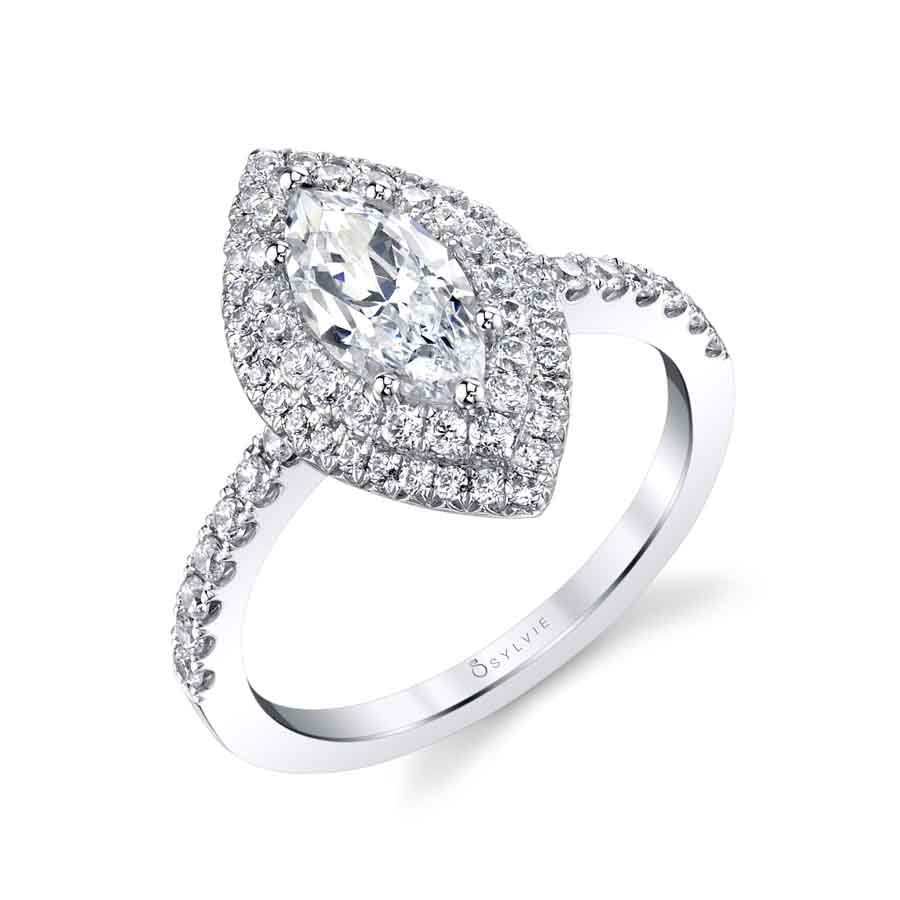 (14K White) Claudia - Marquise Double Halo Engagement Ring