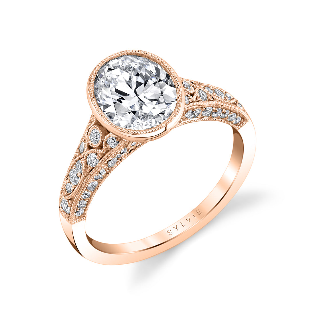 (14K Rose) Oval Engagement Ring with Bezel Setting - Barbara