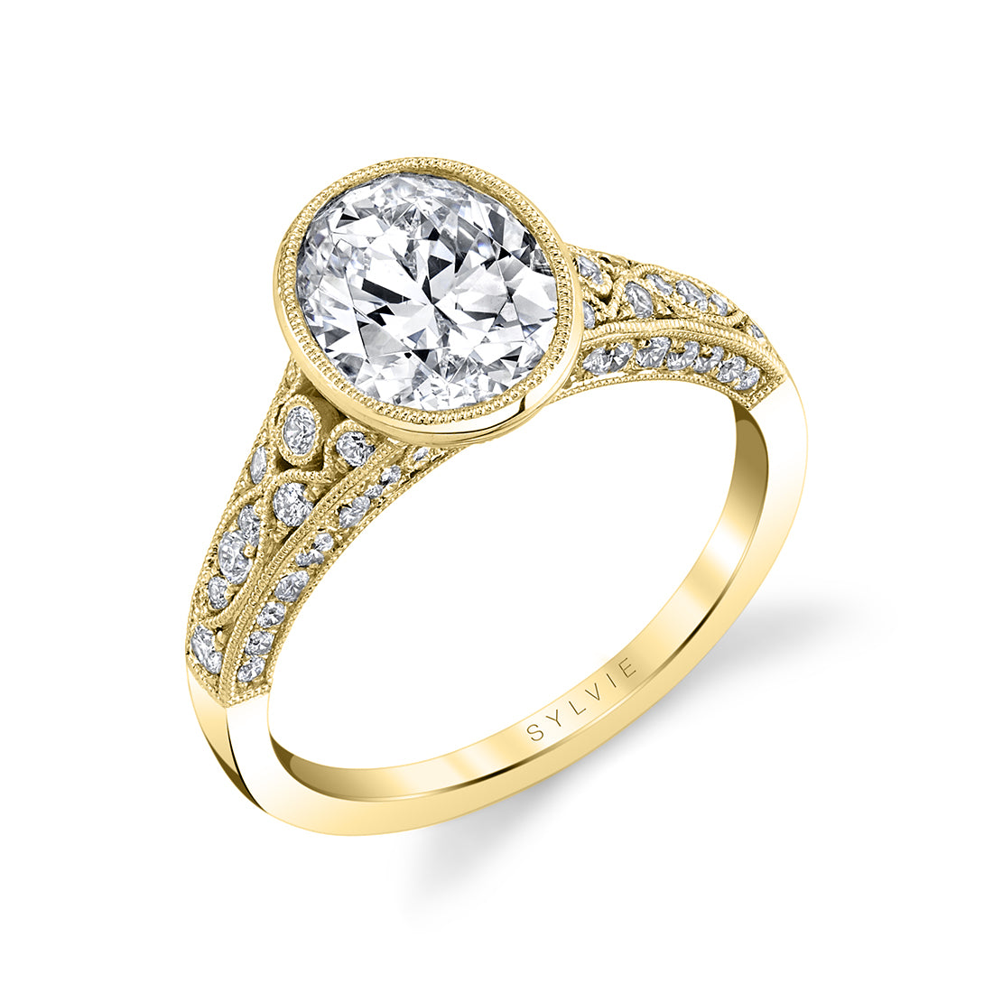 (14K Yellow) Oval Engagement Ring with Bezel Setting - Barbara