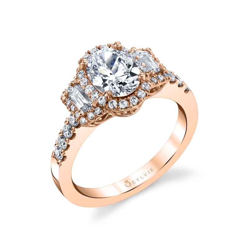 (14K Rose) Oval Cut Three Stone Halo Engagement Ring - Paige