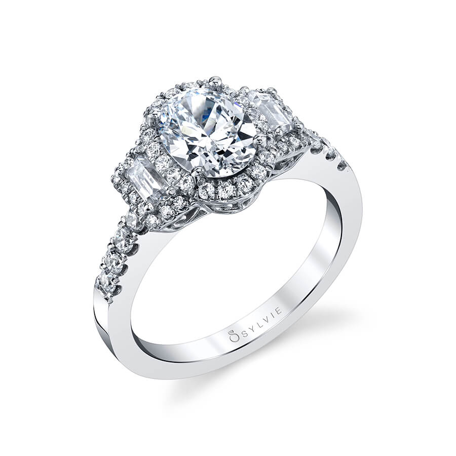 (14K White) Oval Cut Three Stone Halo Engagement Ring - Paige