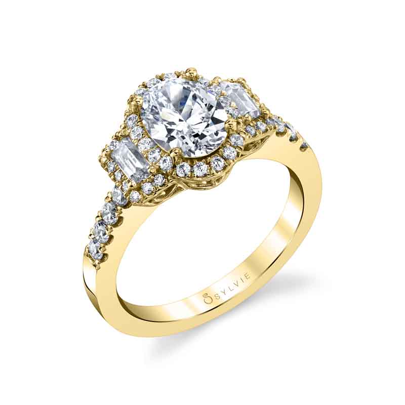 (18K Yellow) Oval Cut Three Stone Halo Engagement Ring - Paige