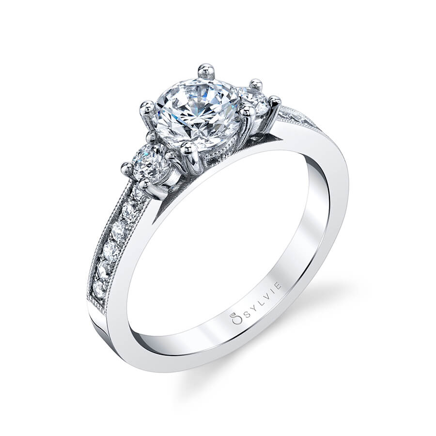 (18K White) Adaline - Vintage Inspired Three Stone Engagement Ring