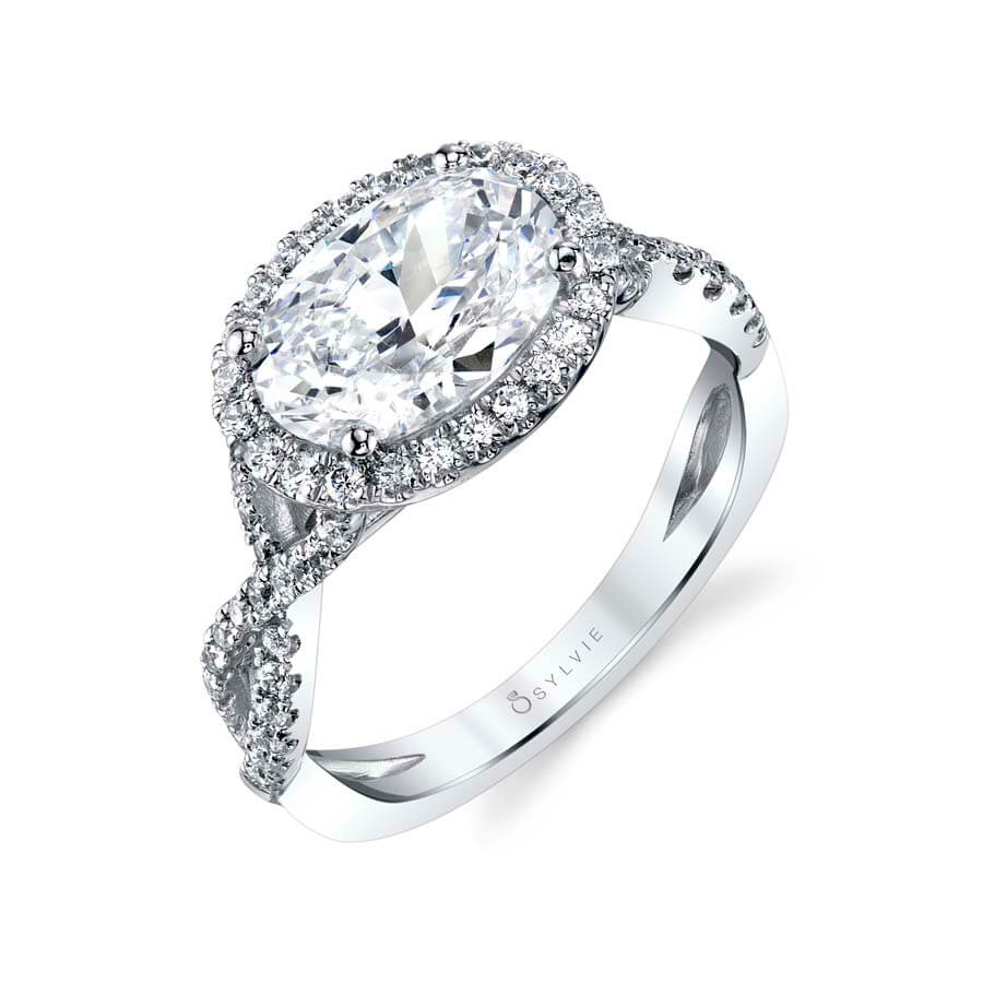 (14K White) Oval Cut East to West Halo Spiral Engagement Ring - Anastasia