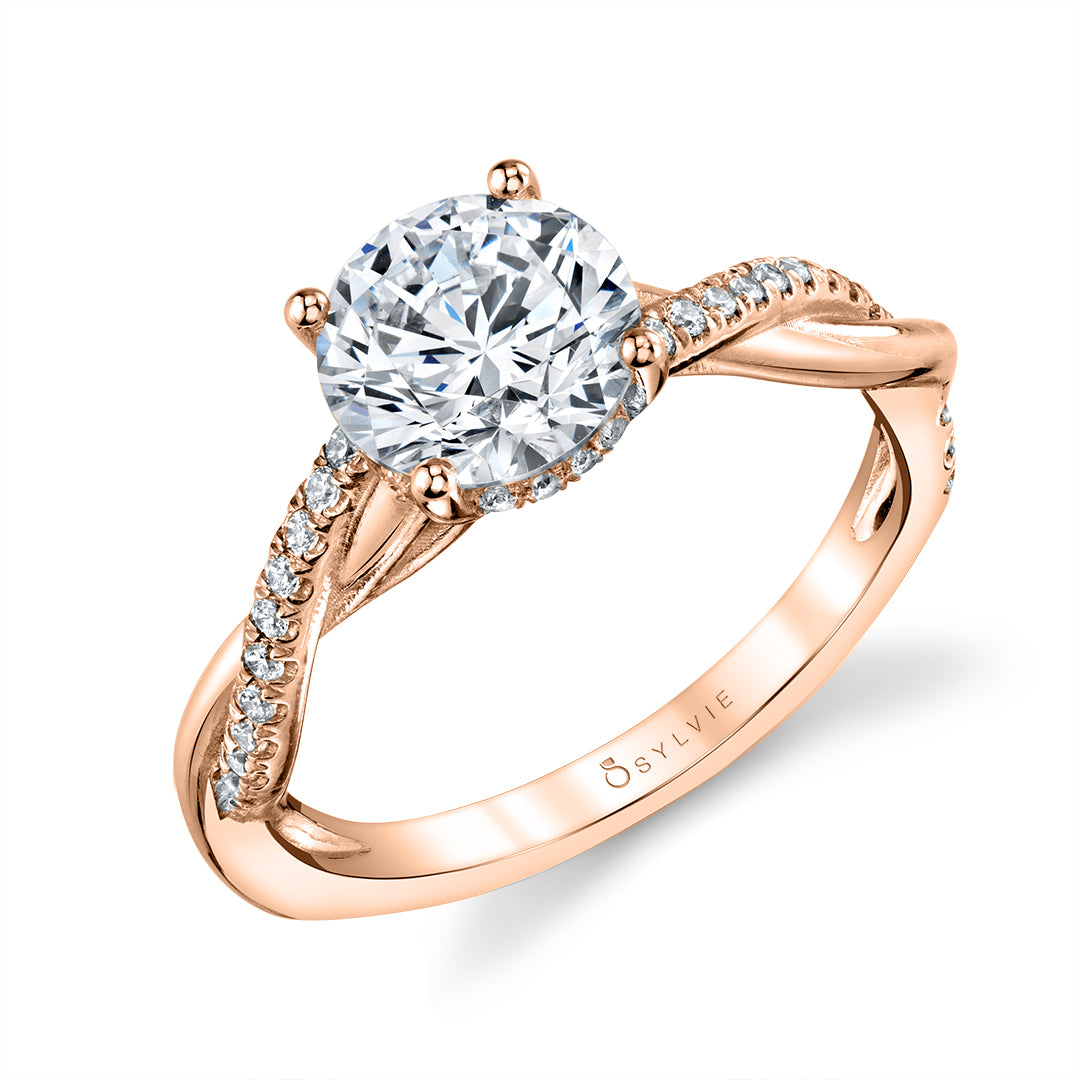 (14K Rose) Round Cut Spiral Engagement Ring with Hidden Halo - Claire