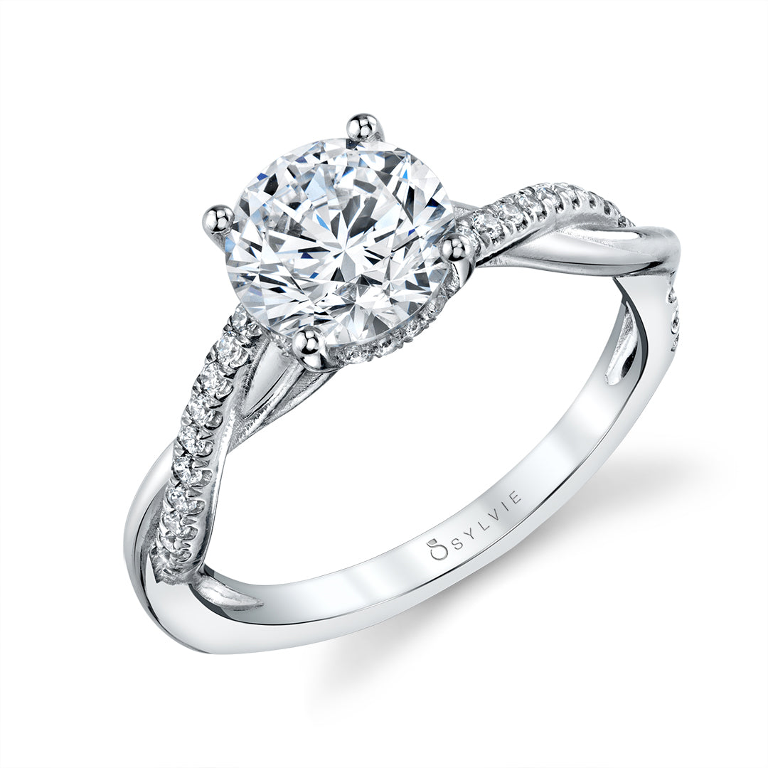 (14K White) Round Cut Spiral Engagement Ring with Hidden Halo - Claire