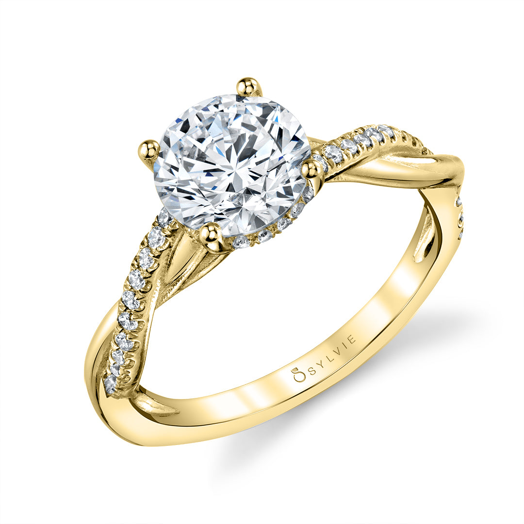 (14K Yellow) Round Cut Spiral Engagement Ring with Hidden Halo - Claire