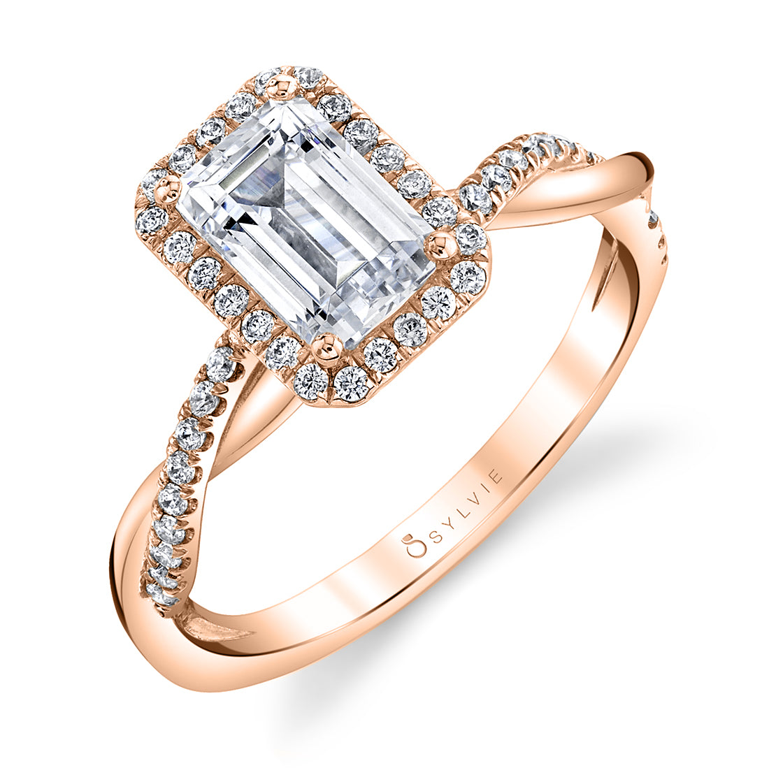 (14K Rose) Coralie - Emerald Cut Engagement Ring with Halo