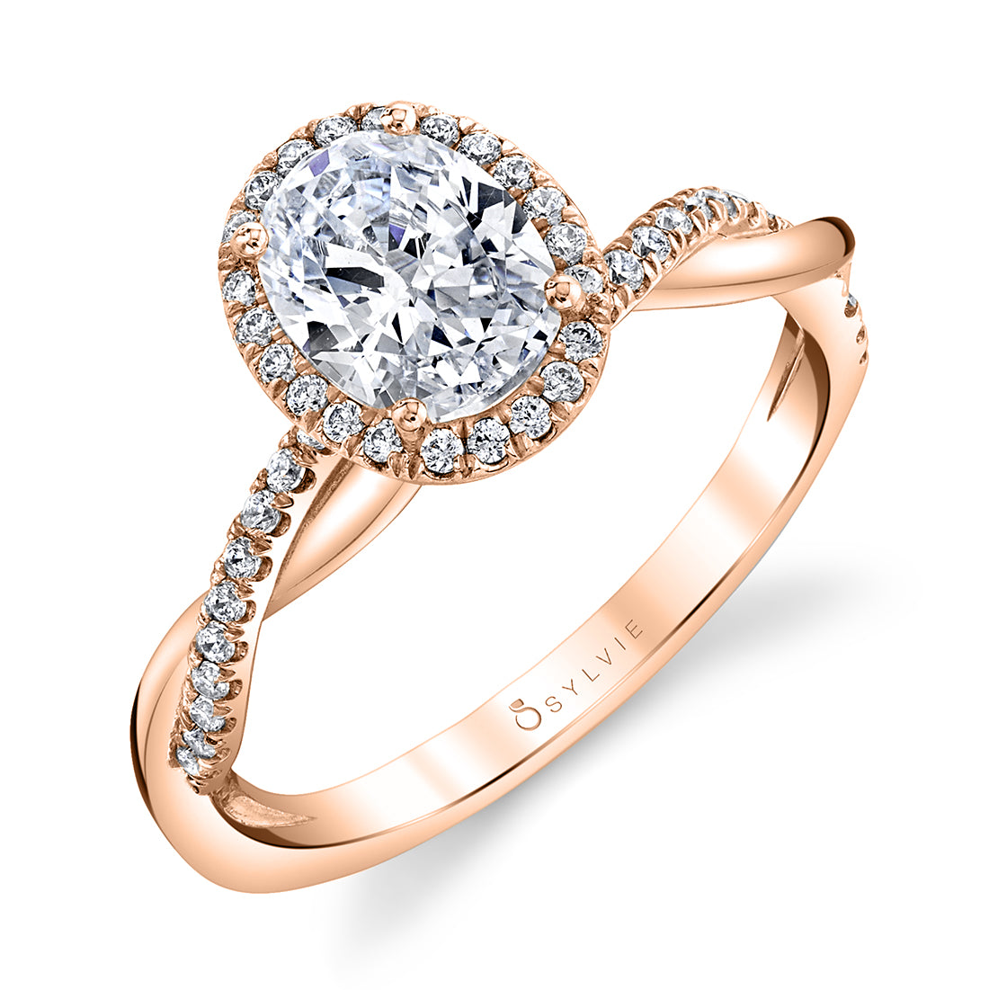 (14K Rose) Coralie - Oval Engagement Ring with Halo