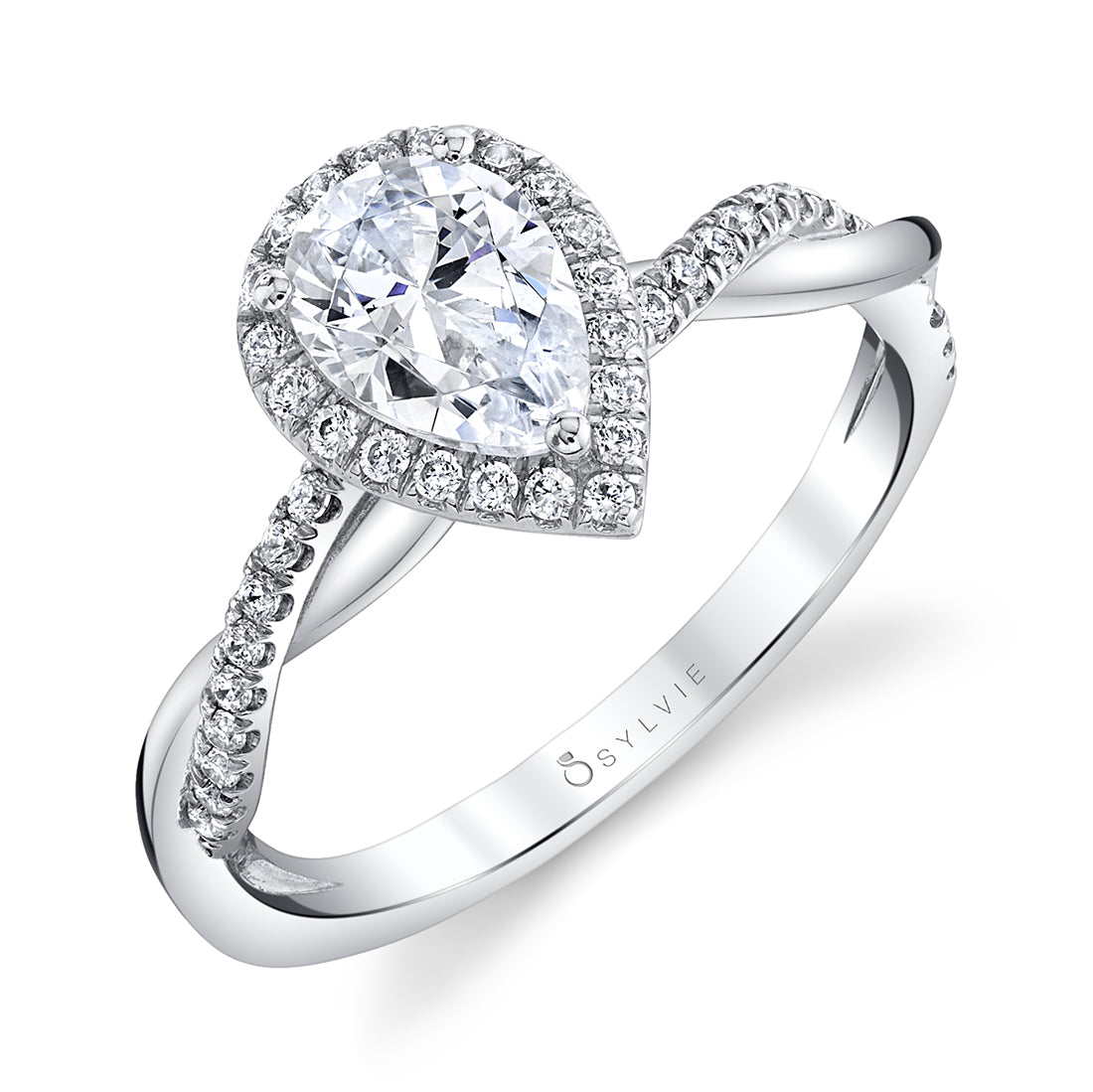 (Platinum White) Coralie - Pear Shaped Engagement Ring with Halo