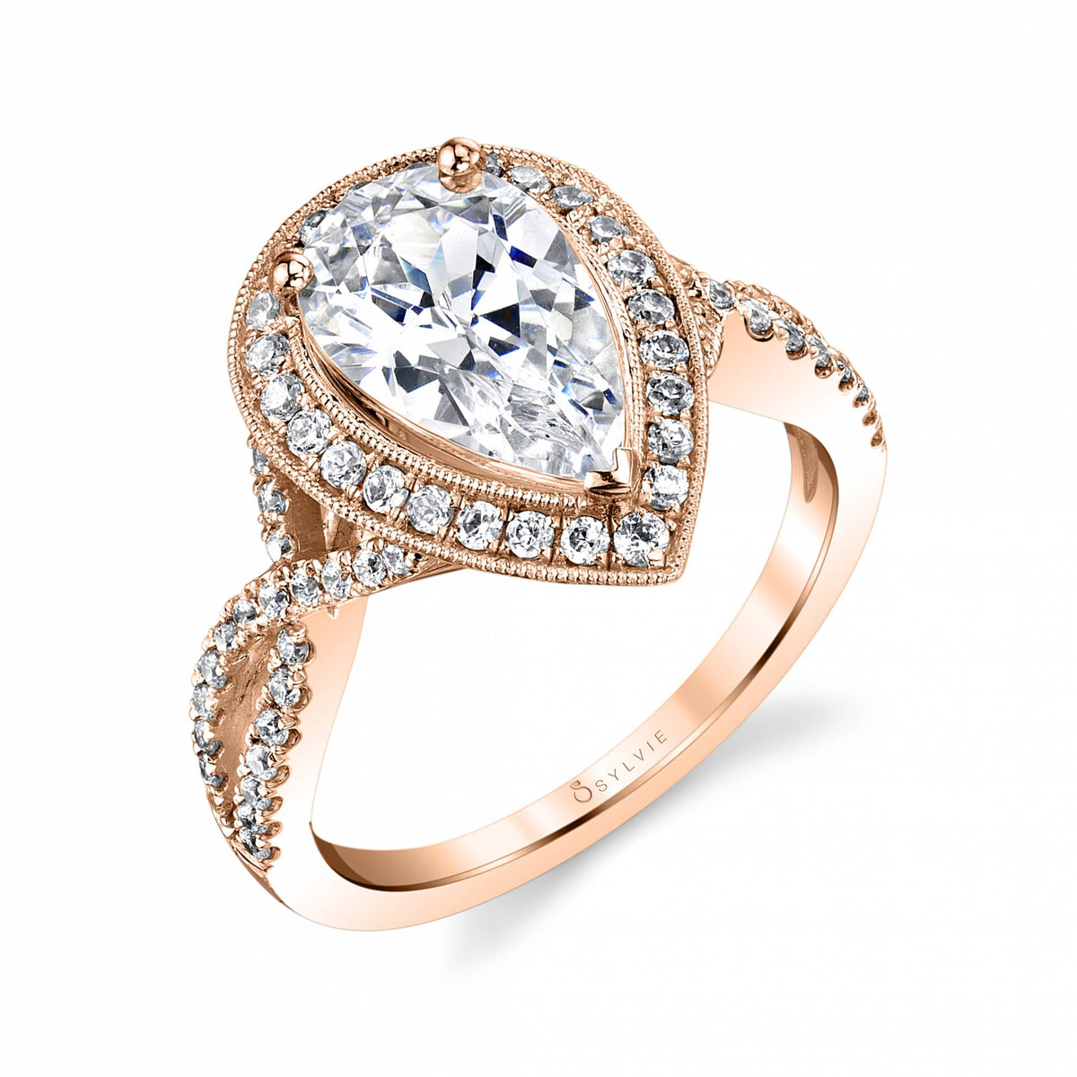(14K Rose) Alessandra - Pear Cut Spiral Engagement Ring with Halo