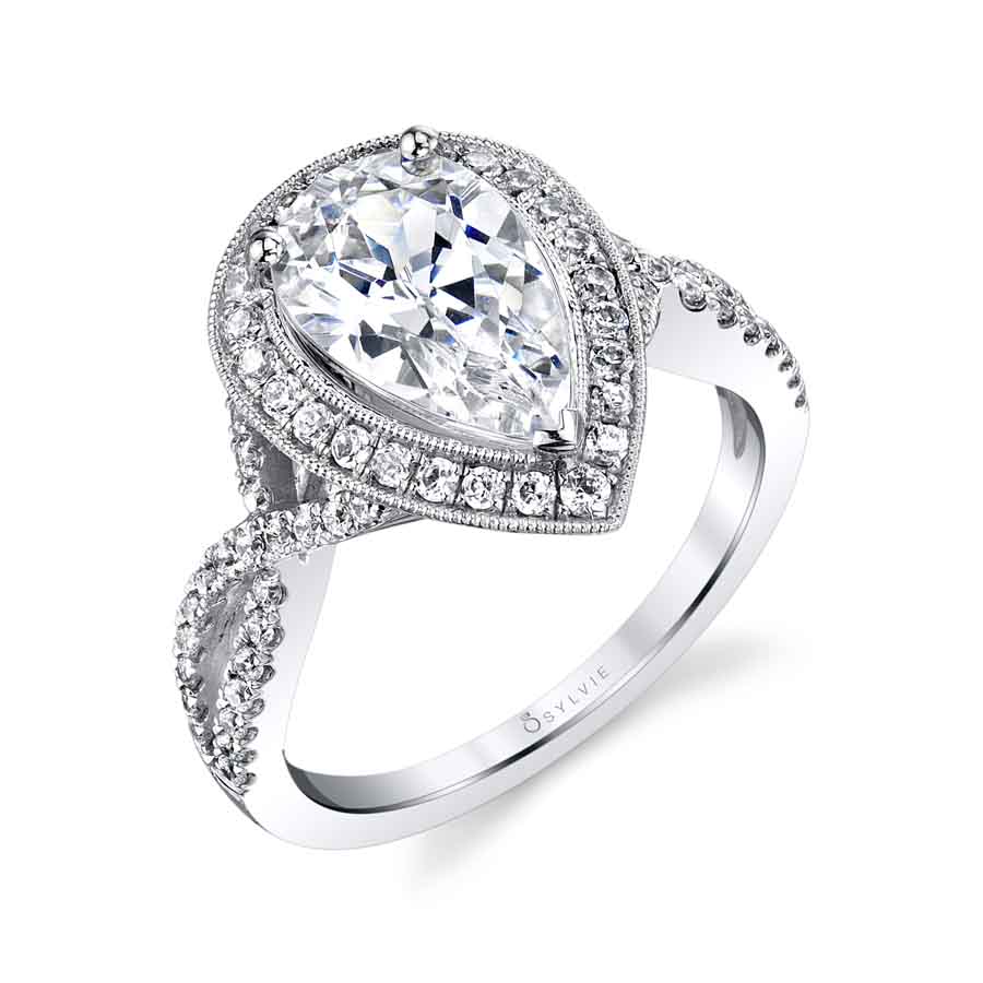 (14K White) Alessandra - Pear Cut Spiral Engagement Ring with Halo