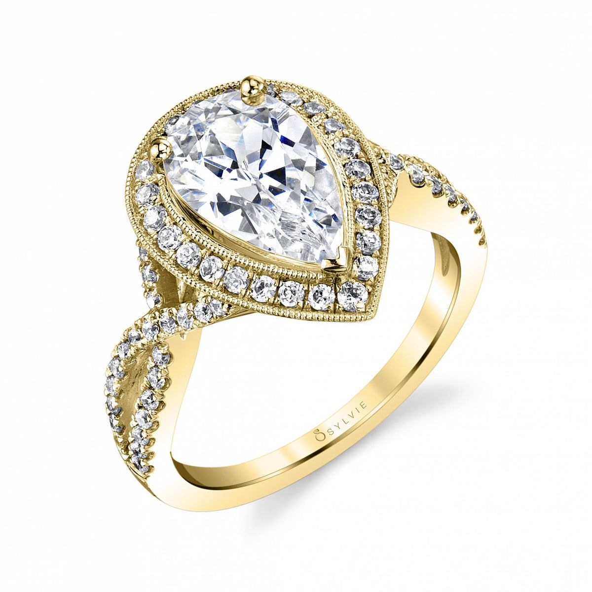 (14K Yellow) Alessandra - Pear Cut Spiral Engagement Ring with Halo