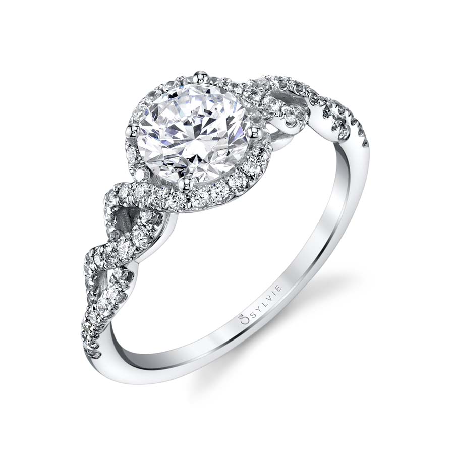 (14K White) Audrey - Spiral Engagement Ring with Halo