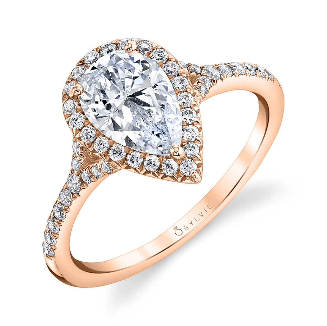 (14K Rose) Pear Shaped Split Shank Halo Engagement Ring - Alexandra