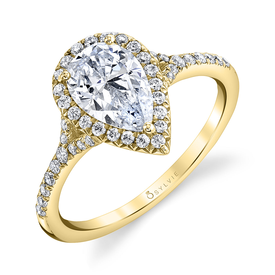 (18K Yellow) Pear Shaped Split Shank Halo Engagement Ring - Alexandra
