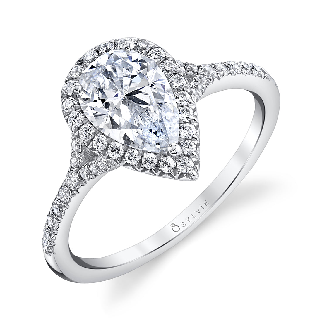 (Platinum White) Pear Shaped Split Shank Halo Engagement Ring - Alexandra