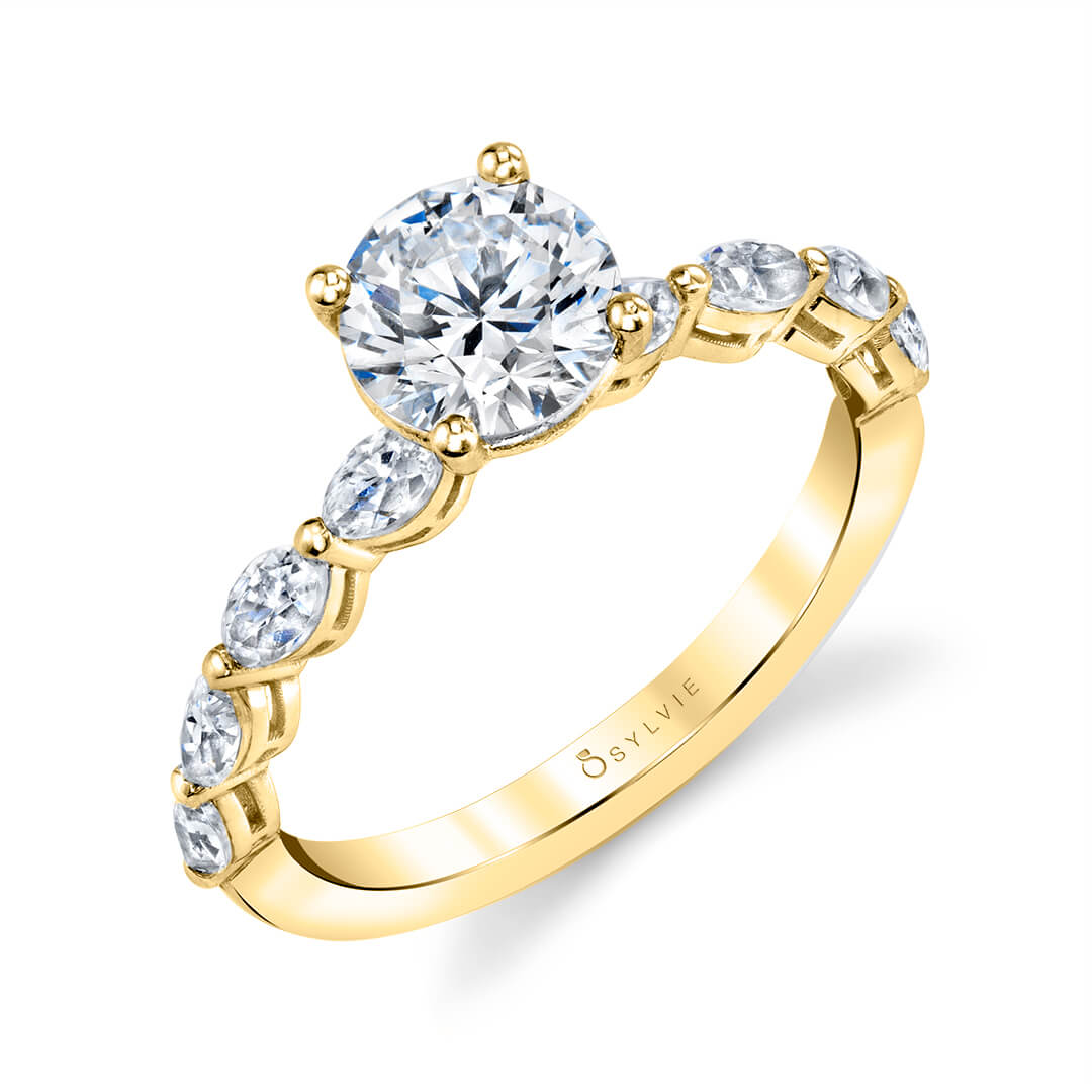 (14K Yellow) Round Cut Marquise Diamond Engagement Ring - Solange