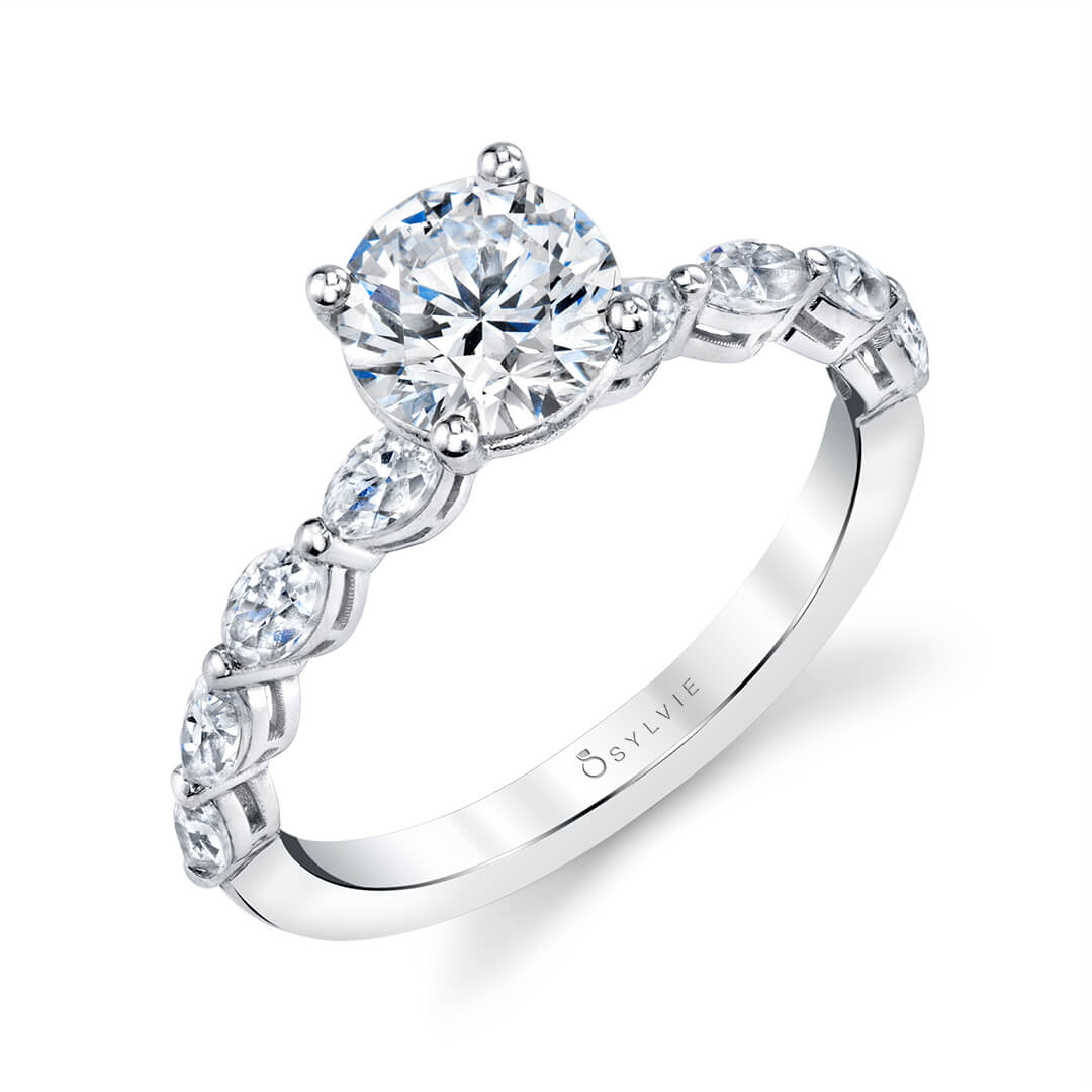 (Platinum White) Round Cut Marquise Diamond Engagement Ring - Solange