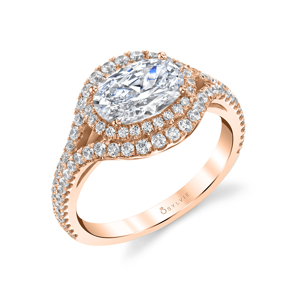 (14K Rose) Double Halo Oval Engagement Ring