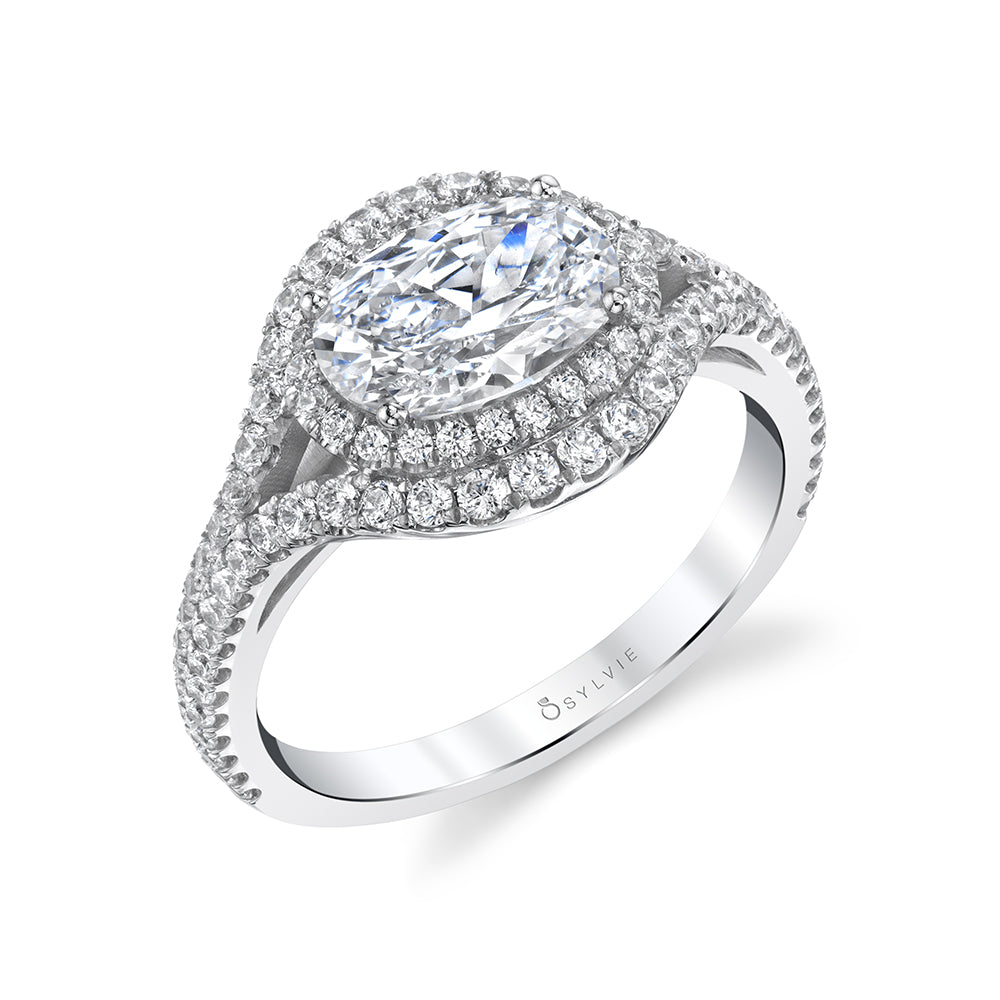 (18K White) Double Halo Oval Engagement Ring