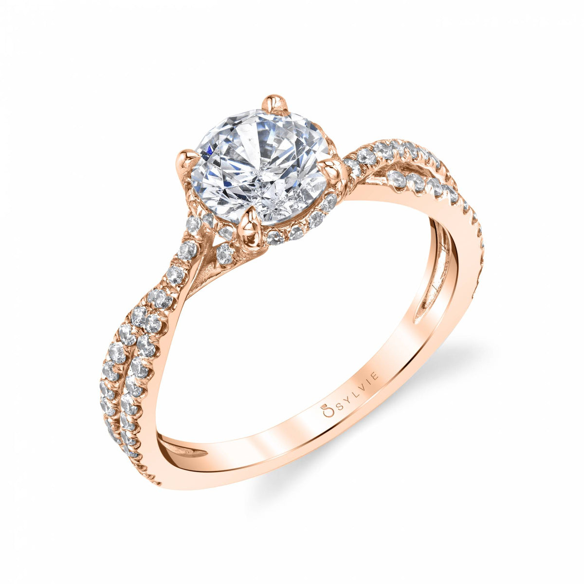 (14K Rose) Spiral Engagement Ring with Hidden Halo