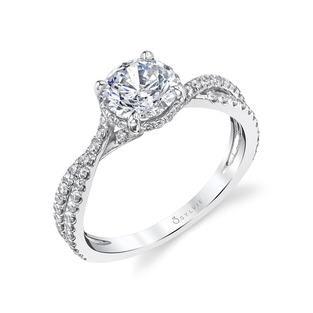 (14K White) Spiral Engagement Ring with Hidden Halo