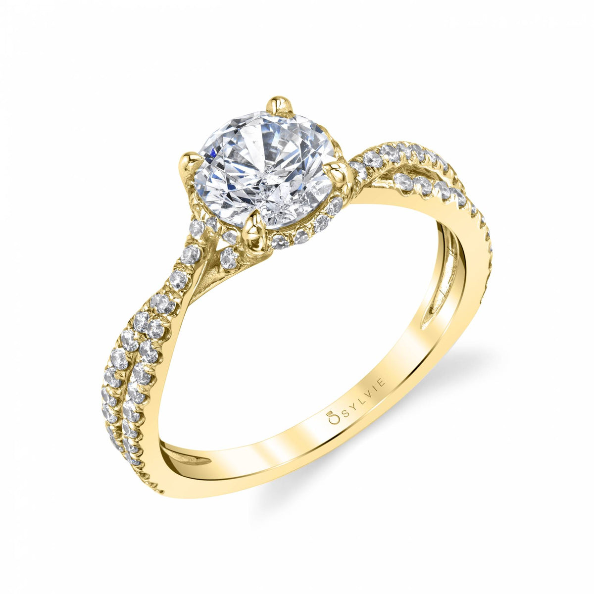(14K Yellow) Spiral Engagement Ring with Hidden Halo