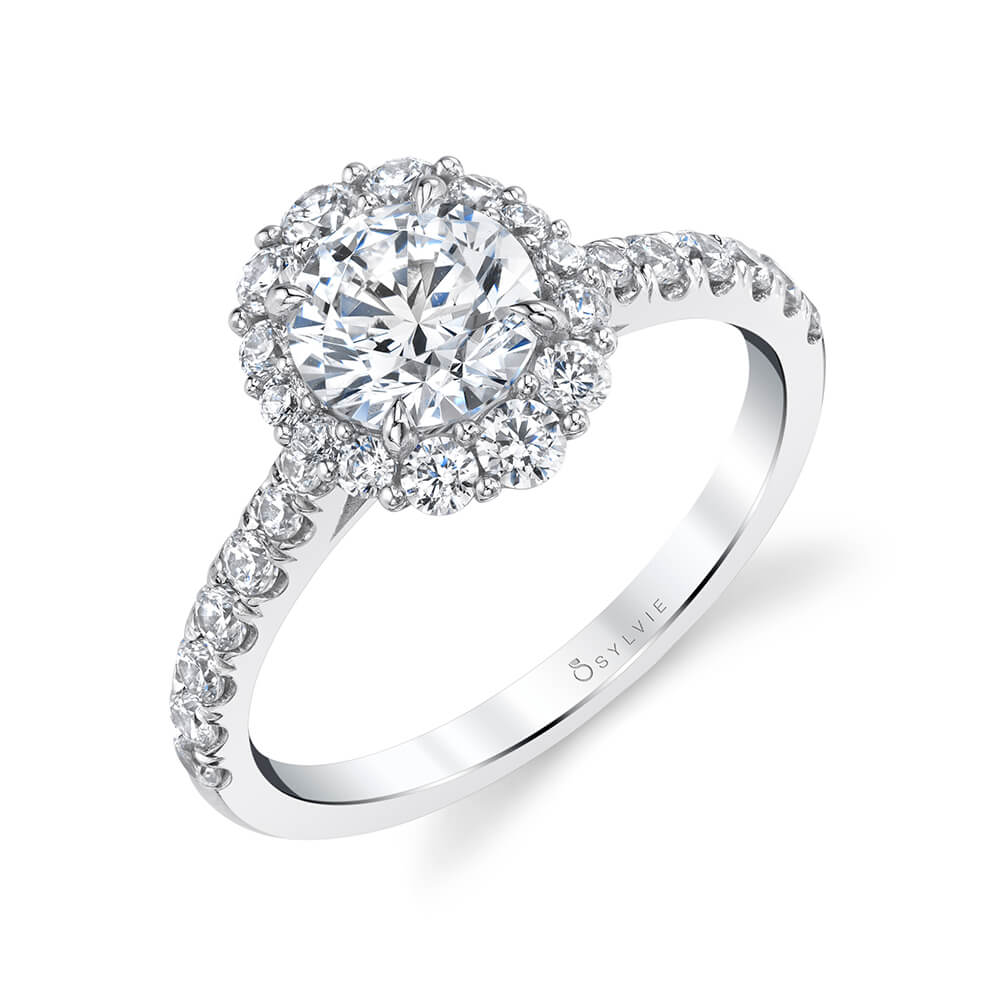 (14K White) Round Cut Halo Engagement Ring - Jillian