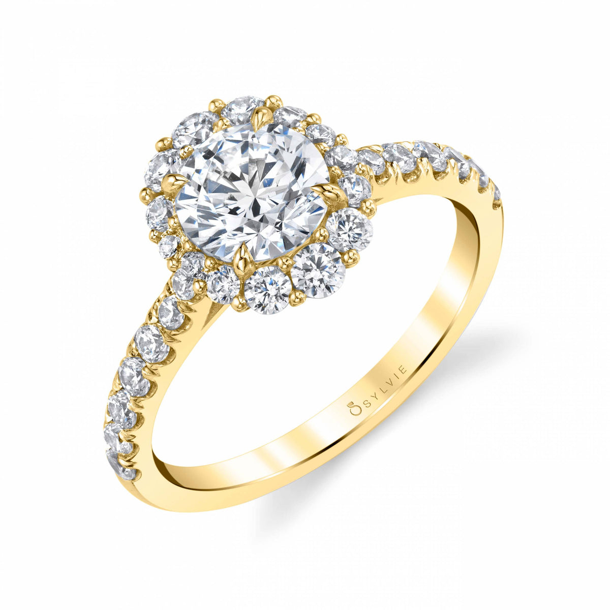 (14K Yellow) Round Cut Halo Engagement Ring - Jillian