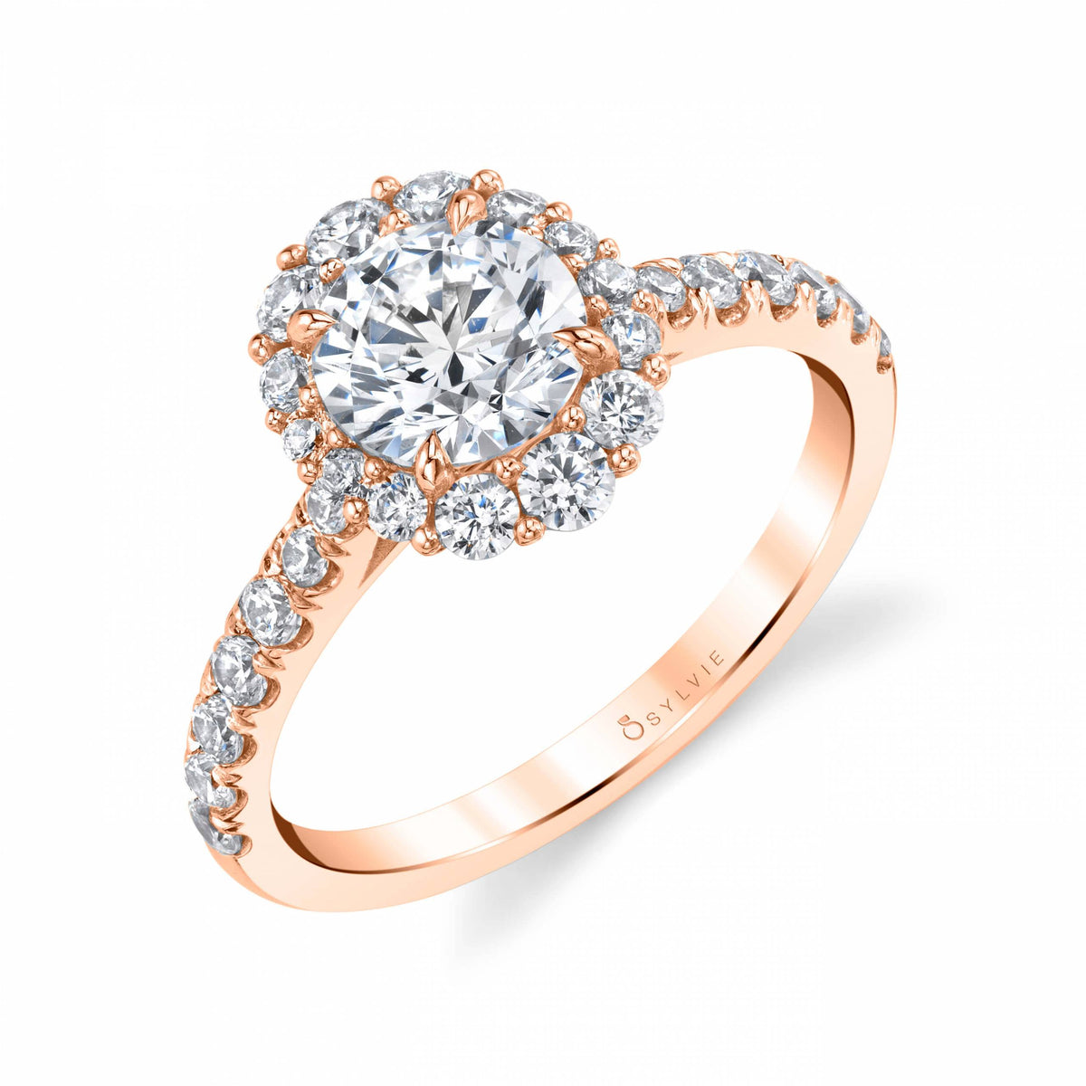(18K Rose) Round Cut Halo Engagement Ring - Jillian