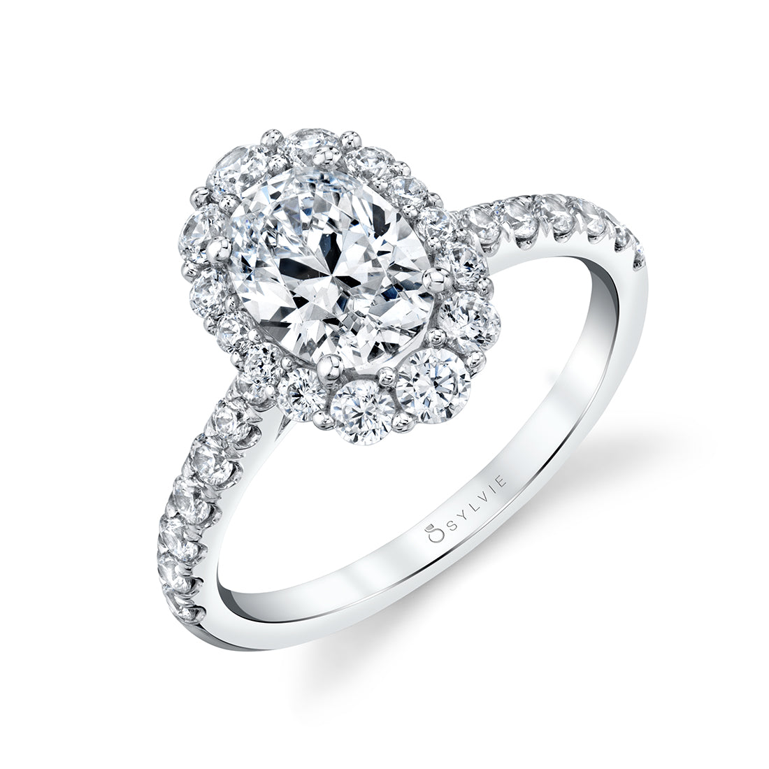 (14K White) Oval Cut Halo Engagement Ring - Jillian