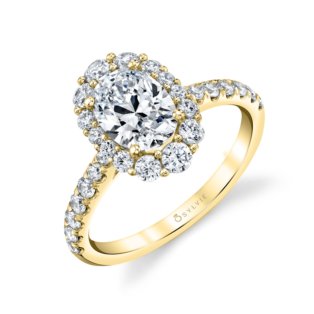 (18K Yellow) Oval Cut Halo Engagement Ring - Jillian