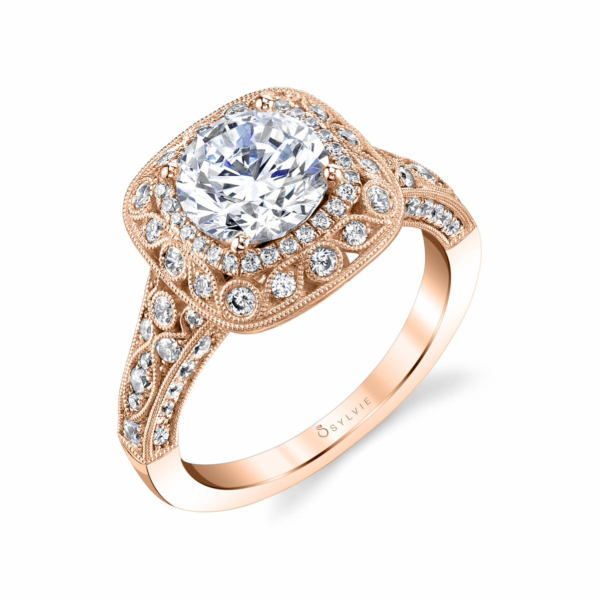 (18K Rose) Vintage Halo Engagement Ring