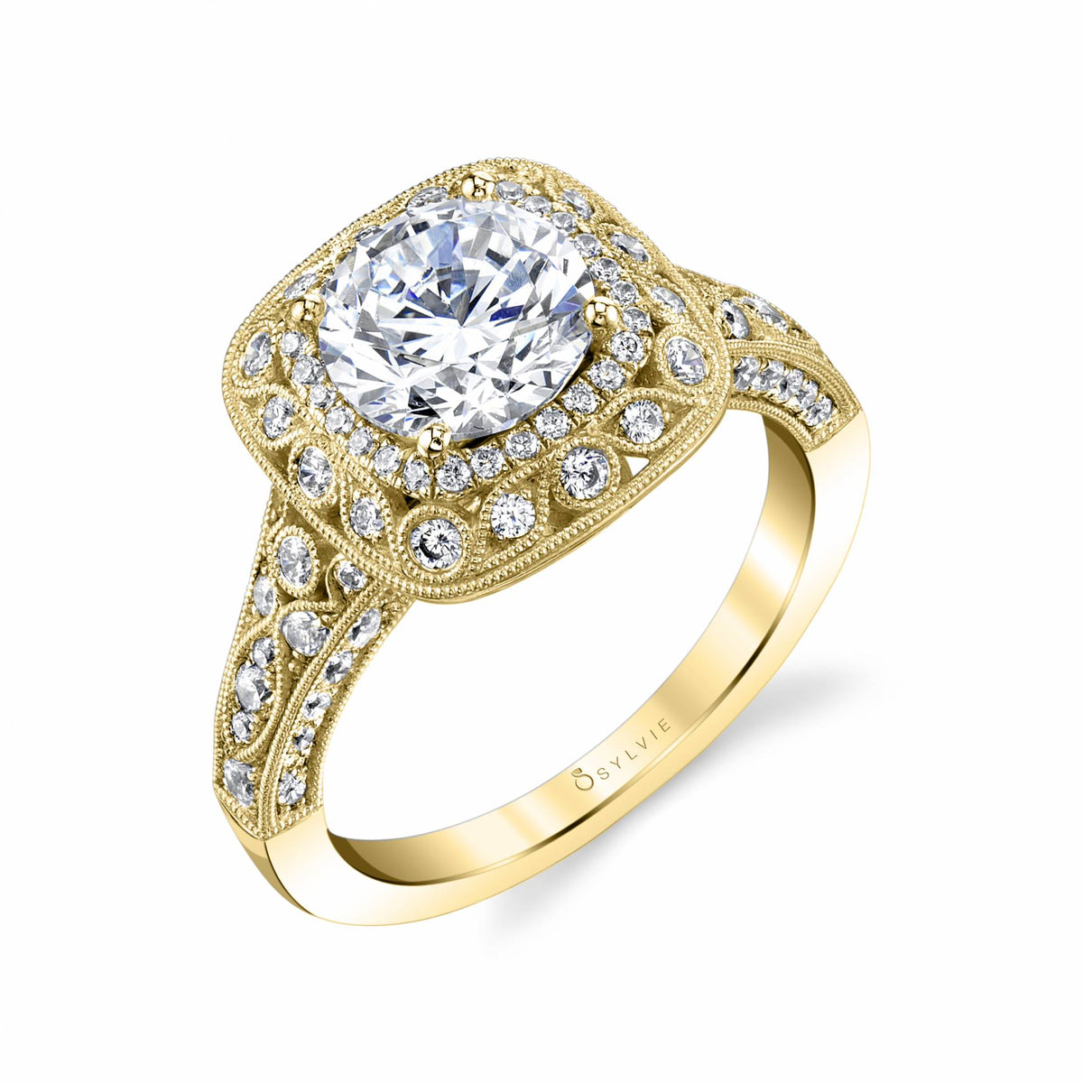 (18K Yellow) Vintage Halo Engagement Ring