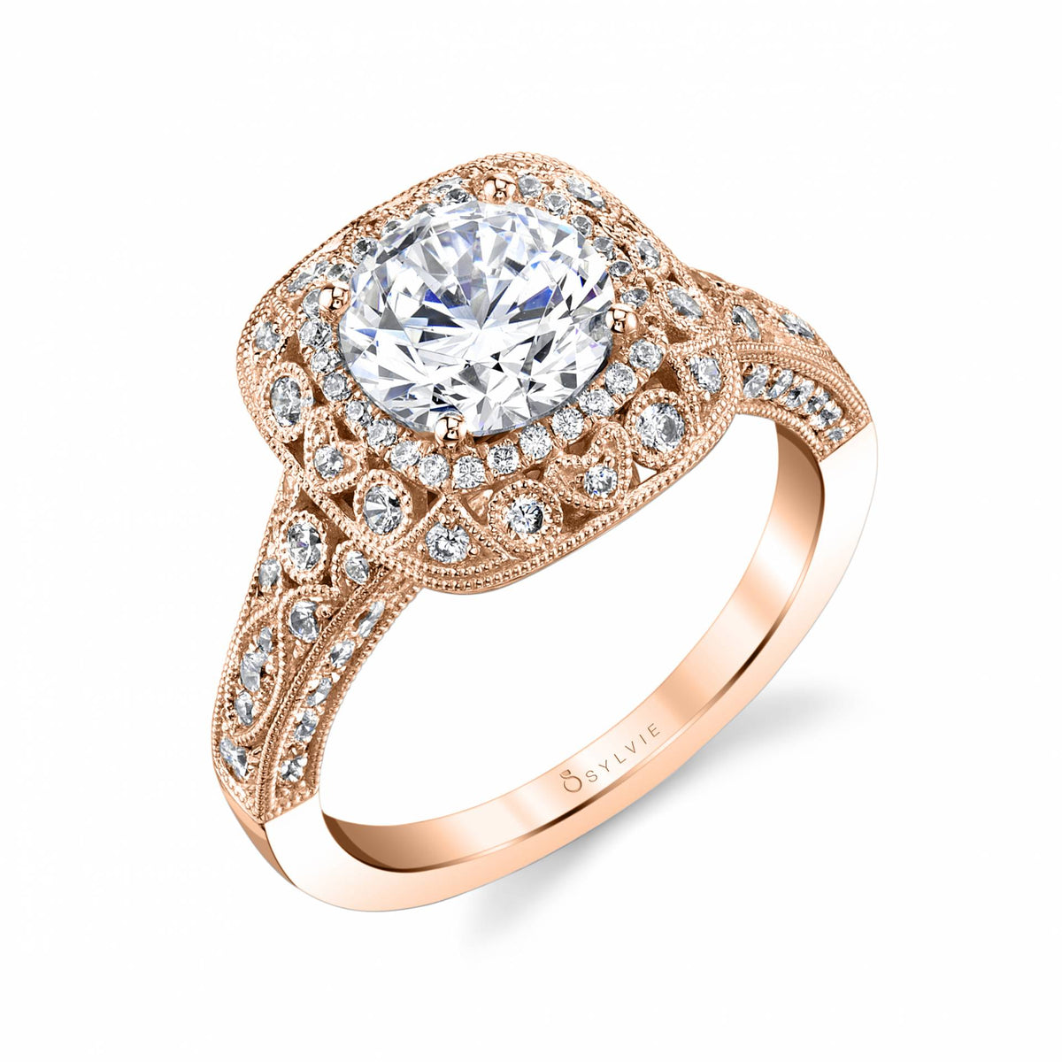(14K Rose) Vintage Halo Engagement Ring