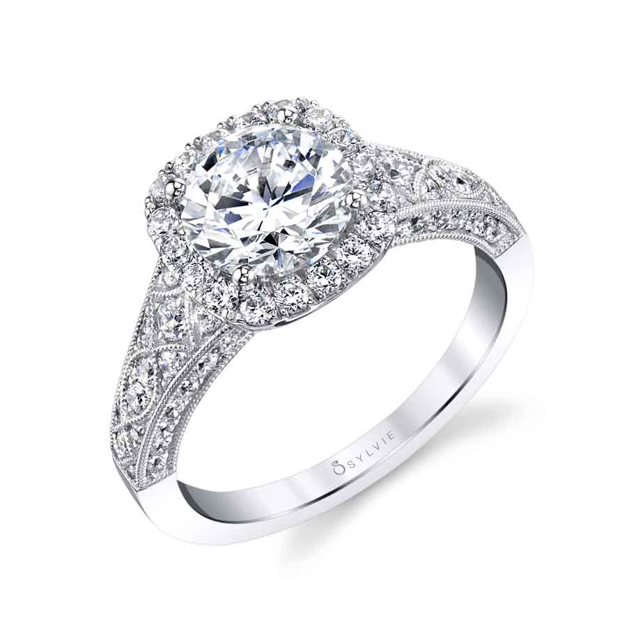 (Gallery) Elodie - Vintage Inspired Engagement Ring with Cushion Halo