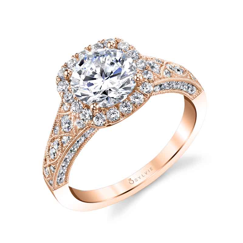 (18K Rose) Elodie - Vintage Inspired Engagement Ring with Cushion Halo