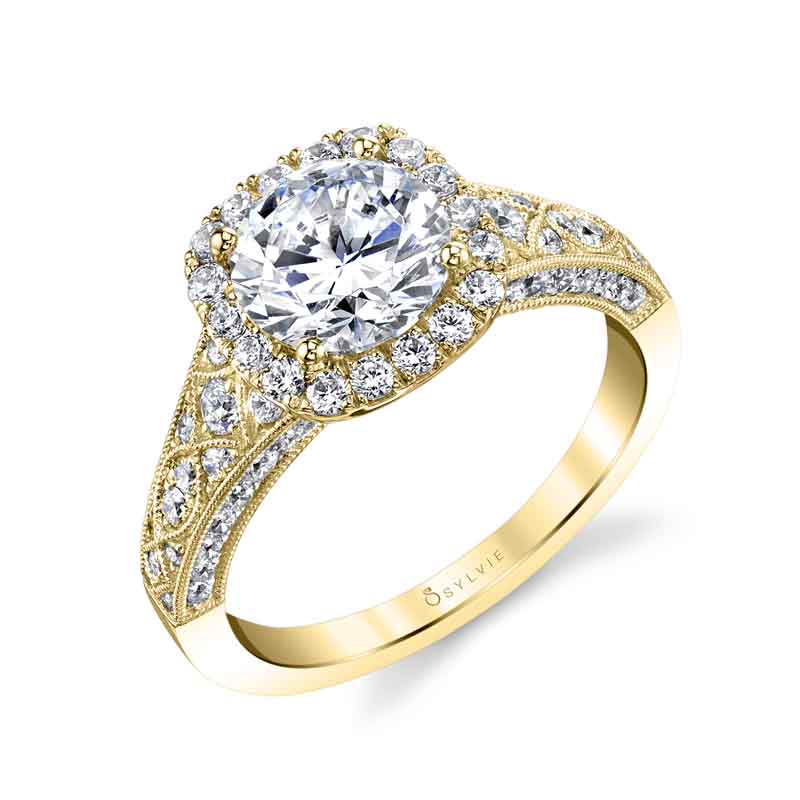(18K Yellow) Elodie - Vintage Inspired Engagement Ring with Cushion Halo