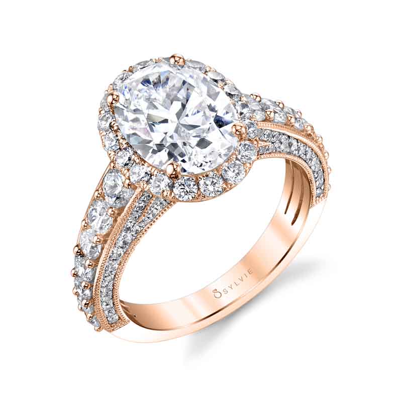 (14K Rose) Josephine - Oval Shaped Halo Engagement Ring