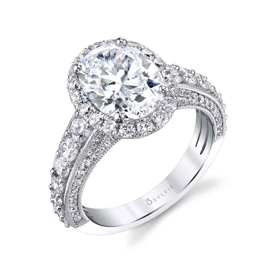 (14K White) Josephine - Oval Shaped Halo Engagement Ring