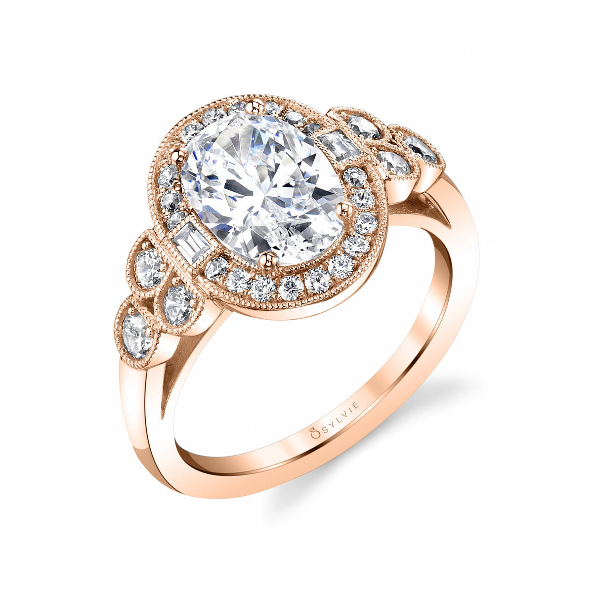 (14K Rose) Vintage Halo Engagement Ring with Oval Center