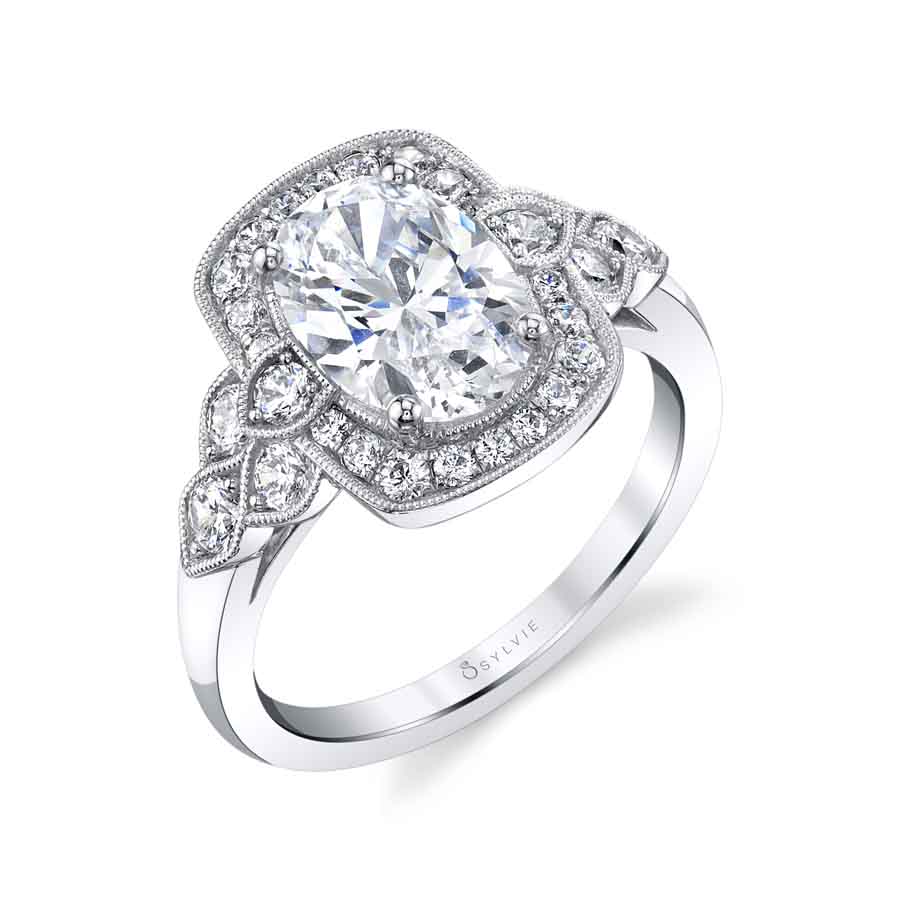 (14K White) Halo Engagement Ring with Oval Center