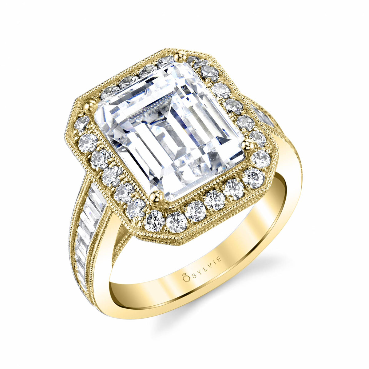 (14K Yellow) Halo Engagement Ring with Emerald Center