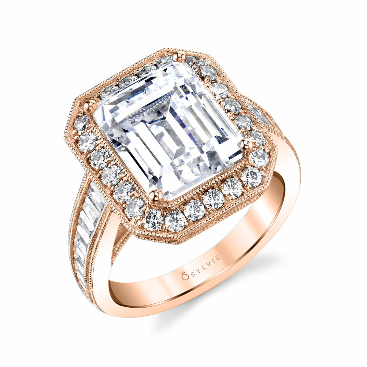 (18K Rose) Halo Engagement Ring with Emerald Center